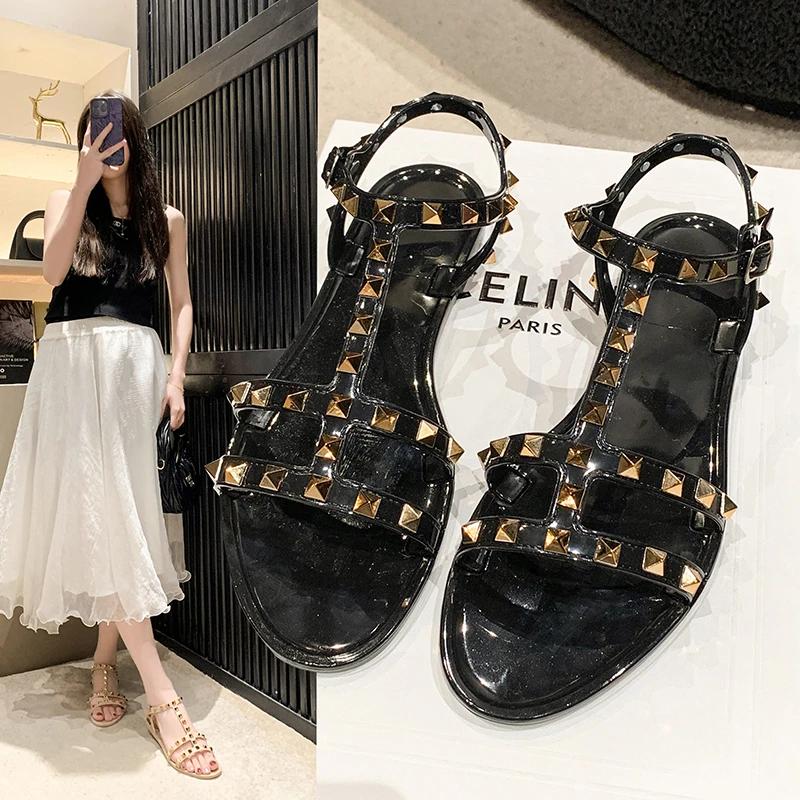 Summer Roman Sandalias Woman Rivets Women Sandals Bow Knot Flat Slippers Girls Student Beach Slides Jelly Shoes 36-41