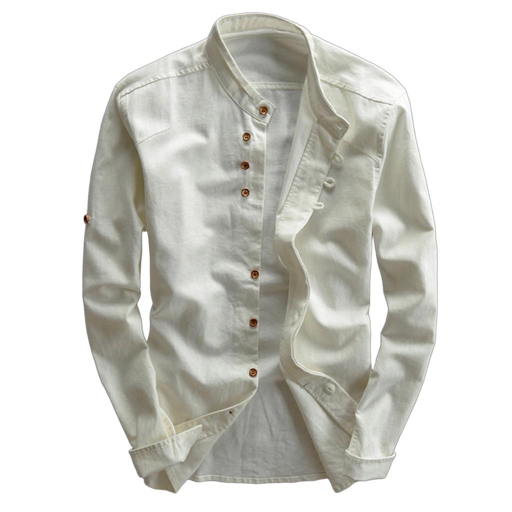 Men's Color Stand Collar Long Sleeve Casual Shirt Cotton Linen Loose Fit