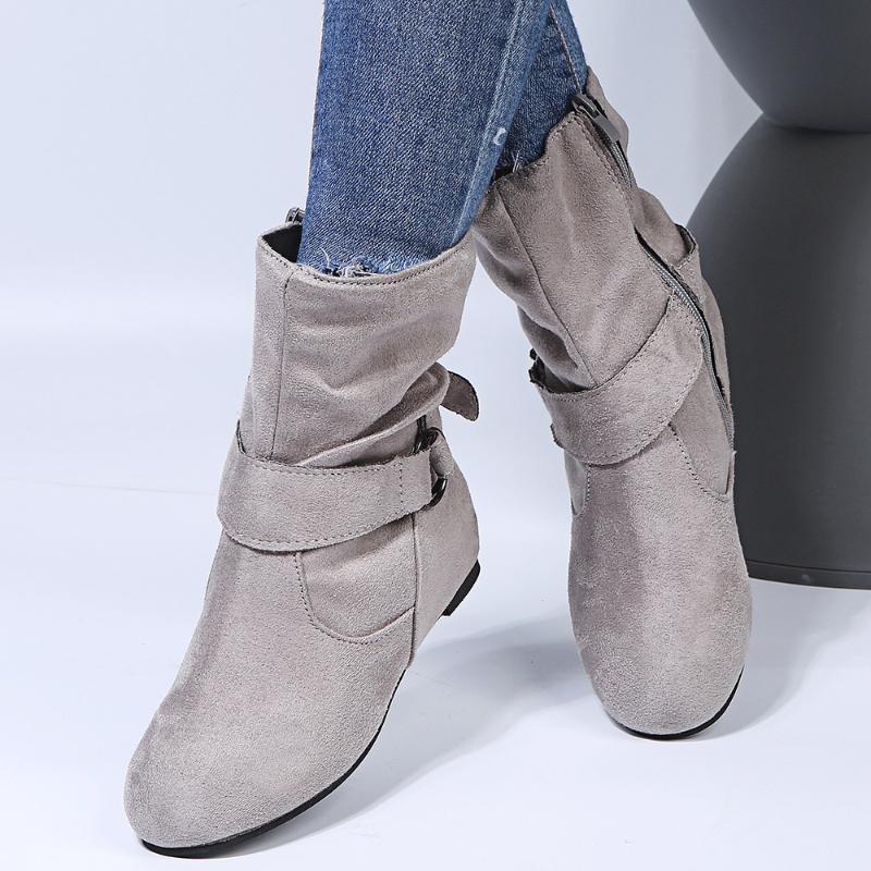 Martin Boots Fashionable Plus Suede Flat Bottomed Belt Buckle Women's Short Boots with Sleeves Round Toe Women's Boots