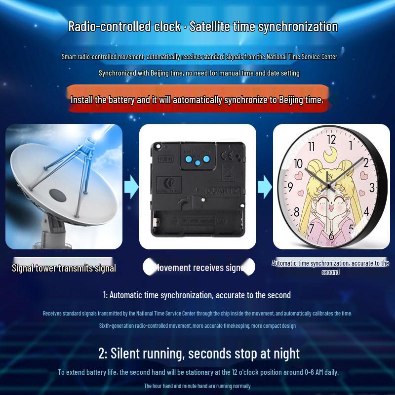 Sailor Moon Anime Silent Wall Clock with Automatic Time Setting for Girls' Bedrooms and Living Rooms