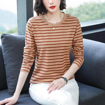 Plus Size Loose-Fit Cotton Striped Long-Sleeve T-Shirt for Middle-Aged & Elderly Women