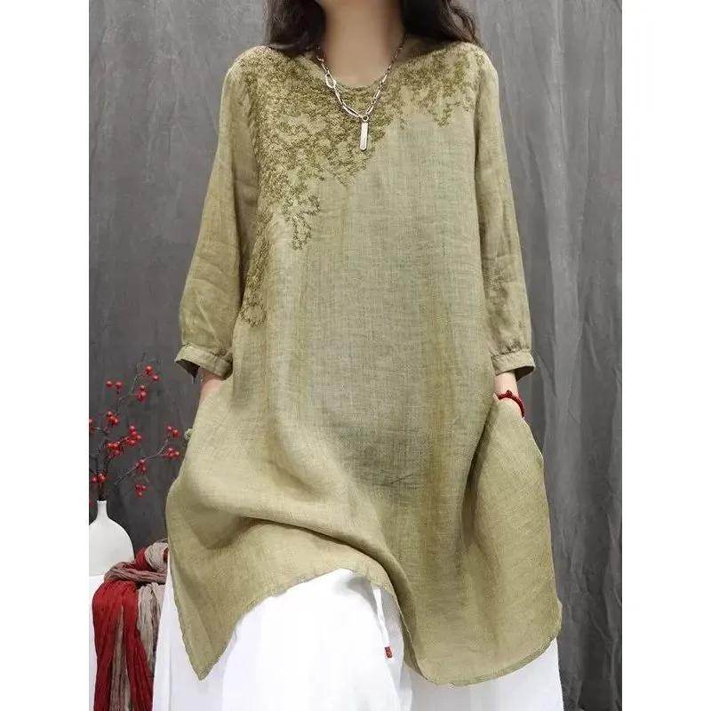 Spring/Summer Retro Embroidered Shirt Loose Literary Leisure Mid-length Women's Top