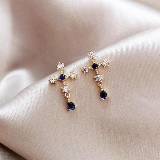 Women Faux Sapphire Rhinestone Alloy Cross Ear Stud Earrings Jewelry Gift