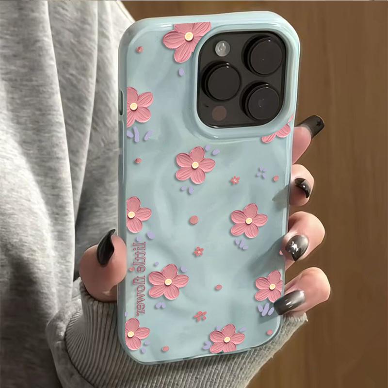 Elegant Pink Flower Phone Case For IPhone 17 Air 16 Plus 15 14 13 12 11 Pro Max Soft Silicone Wave Texture Protective INS Cover