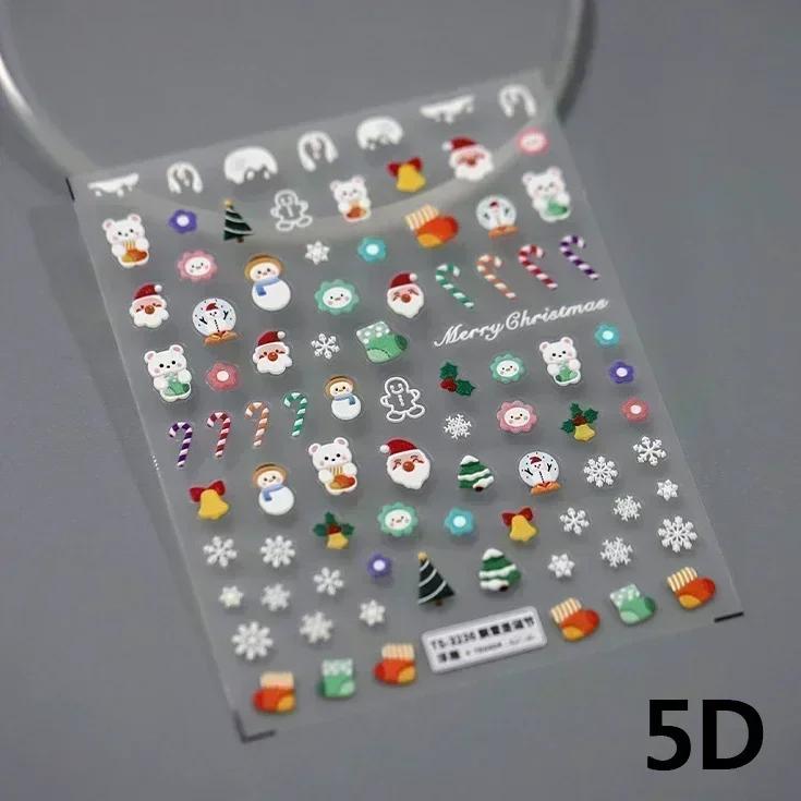 Gold Stamped White Christmas Tree Snowflake 3D Self Adhesive Nail Art Stickers Santa Claus Elk Xmas Cartoon Cute Manicure Decals