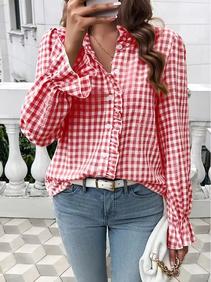 

2026 Spring Plaid Ruffle Cardigan: Women s Stand Collar Long Sleeve Shirt Small червоний