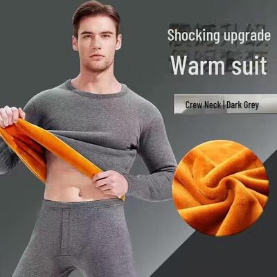 Men's Yellow Velvet Thermal Underwear Set - Warm, Slim Fit, Round Neck for Autumn and Winter