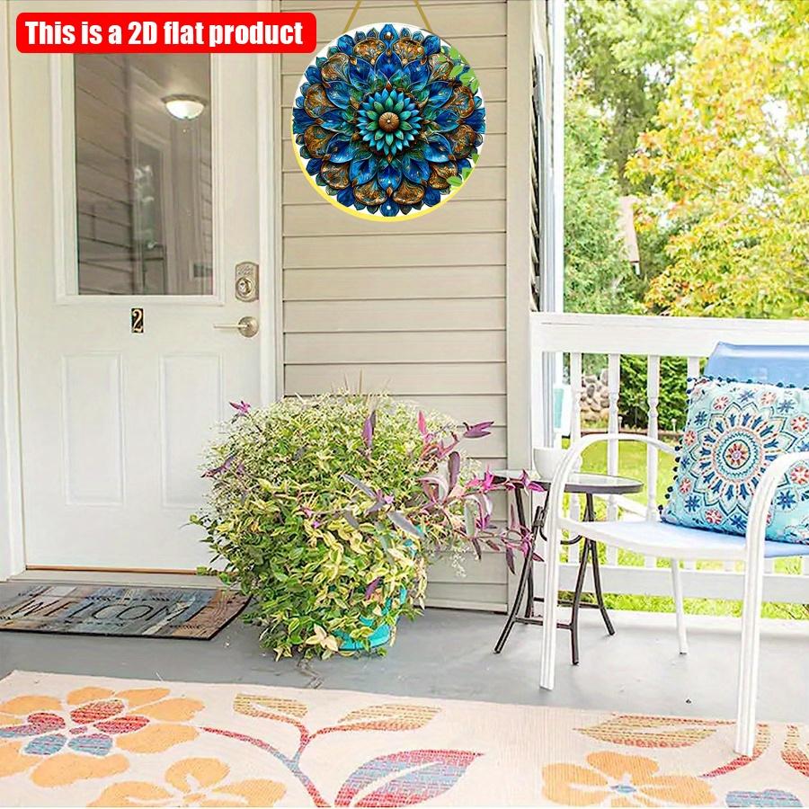 2D Flat 20*20cm1pc Vintage Blue Mandala with Leaf Patterns Wall Art Round Signage, Bright Symmetry Blue Flowers Theme Wooden Pendant, Applicable  Bar