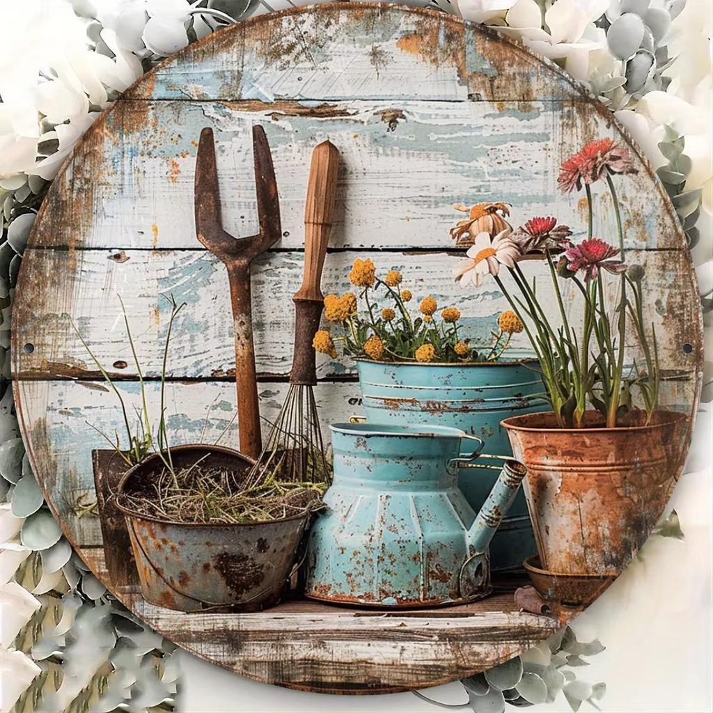Wooden Disc Scrap Flower Pot Fork Sign 1 Piece 2D Wall Art Indoor/Outdoor Holiday Decoration Garden Room Decoration