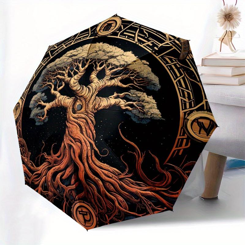 Tree of Life Circular Wall Art DecorUmbrella, Portable 3-Fold Compact Umbrella for Men & Women Gift