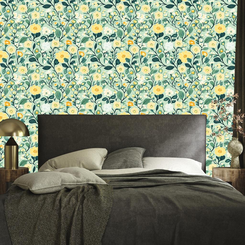 Cottagecore Flowers Wallpaper Green and Mint for Living Room and Bedroom 50x1000