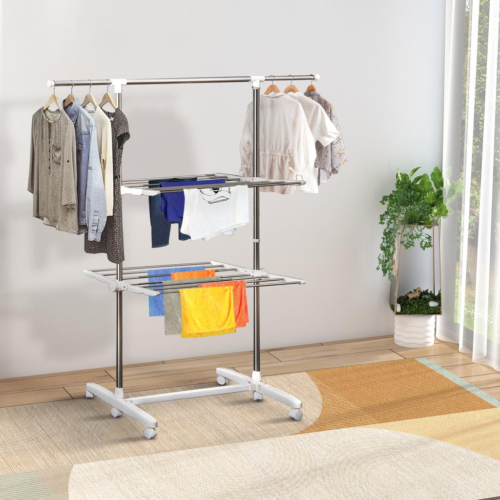 Tower Clothes Airer, Extendable Standing Dryer with 3 Levels, Foldable Wings, Casters, 154 cm, White