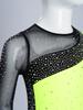 Girls Gymnastics Costume Long Sleeve Sheer Mesh Design Patchwork Sparkling Rhinestones Color Block Leotard