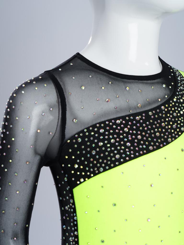 Girls Gymnastics Costume Long Sleeve Sheer Mesh Design Patchwork Sparkling Rhinestones Color Block Leotard