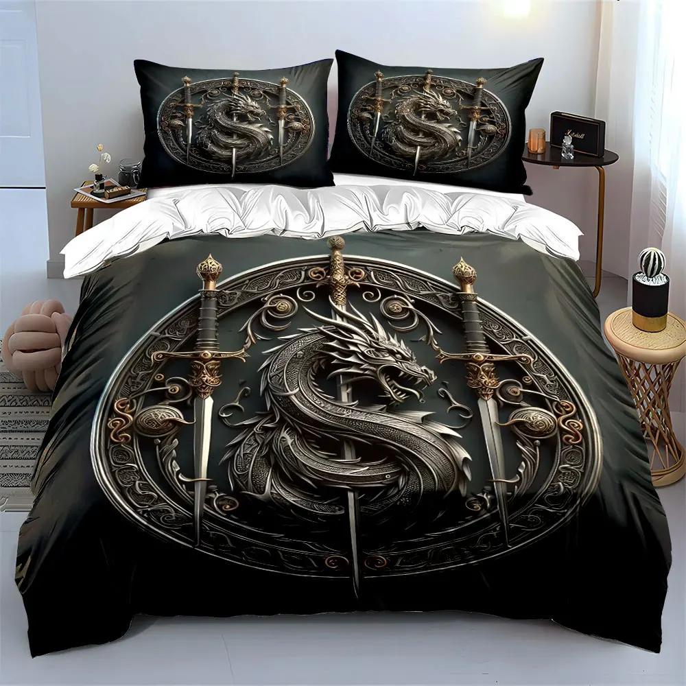 Drachenschwert-Set Dekor Display Bettwäsche-Set mit 1 Bettbezug 2 Kissenbezügen Einzel Doppel King Queen Geschenk