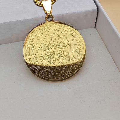Men Necklace Seven Angel Solomon Amulets Round Pendant Hollow Chain Stainless Steel