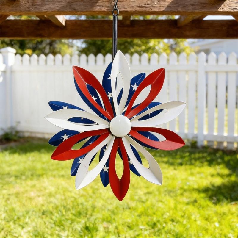 Metal Windmill Feature With Bright Red And Dark Blue Blades Great For Garden Landscape Lawn Yard And Deck Enhancement