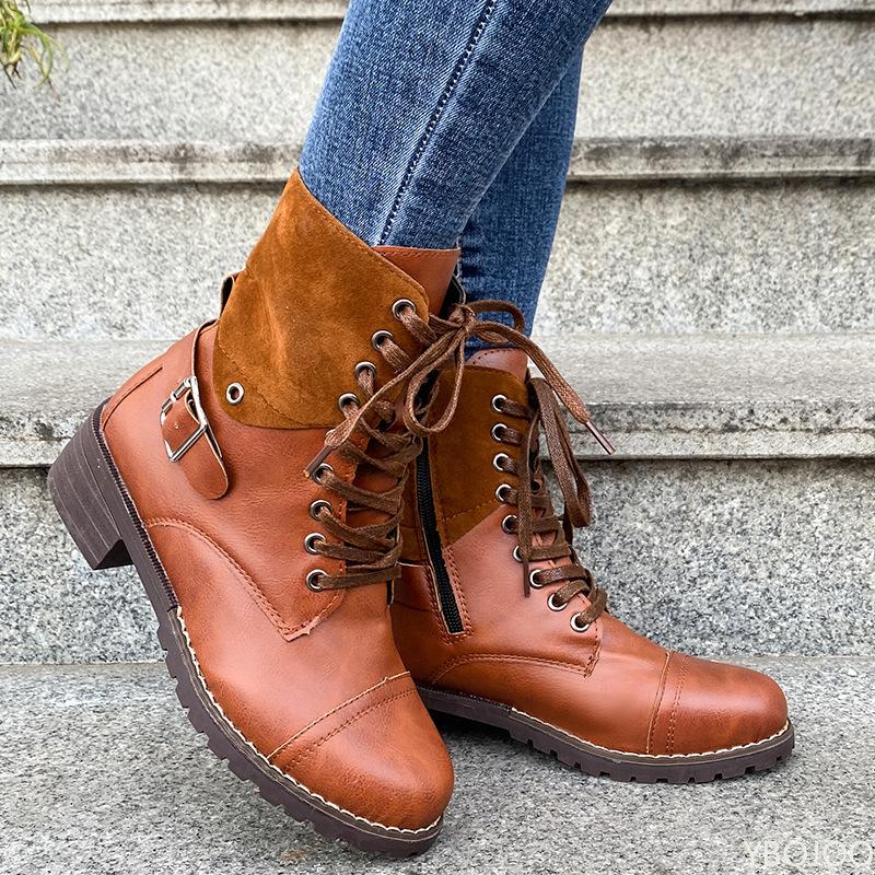 Fashionable Versatile New Spring Autumn Thick Heel Lace Up Women's Shoes Elegant Simple Solid Color Women's Low Cut Boots