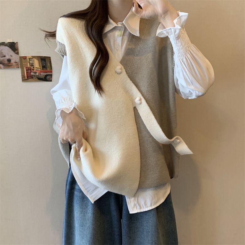 Vår og høst Kontrastfarge Strikket Genser Vest for Dame Design Uregelmessig Løs og Slank Ermeløs Strikket Vest Dame