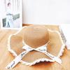Women Lace Edge Wide Brim Straw Sun Hat Letter Print Ribbon Bow Decor Foldable Beach Hat Lightweight Breathable UV Protection Summer Cap