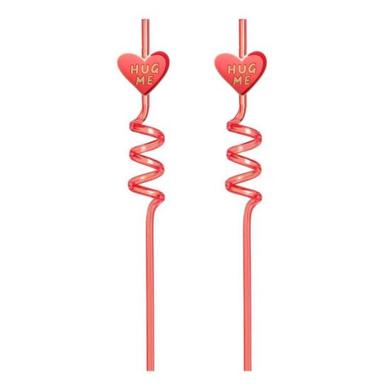 2Pcs Colorful Spiral Straws Creative Drinking Straws with Heart Lip Cake Charm Romantic Pink