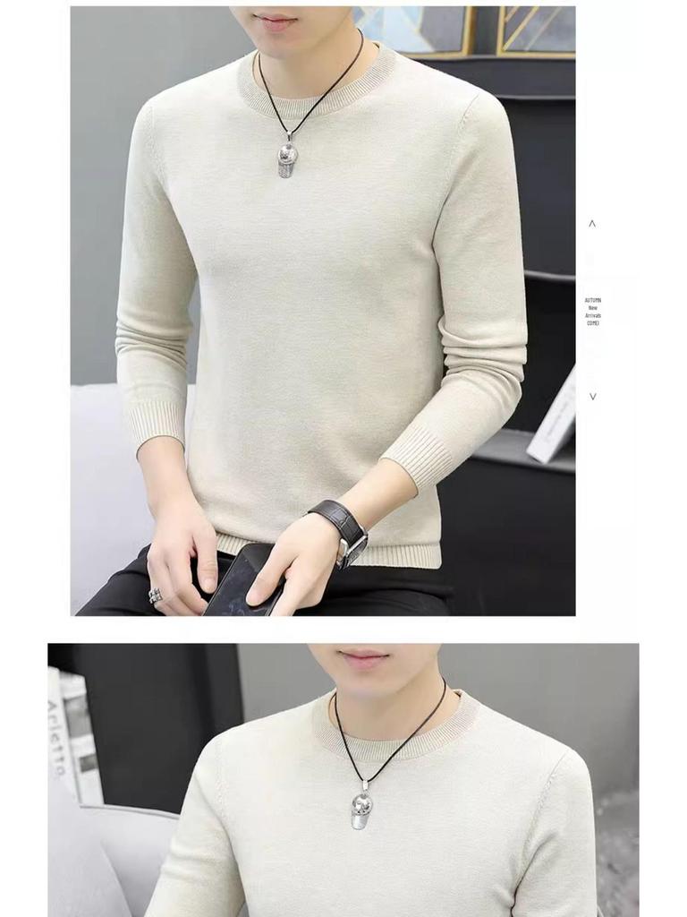 Men's Slim Fit Round Neck Sweater: Long Sleeve, Thin Pullover, Solid Color, Plus Velvet Knitwear for Autumn/Winter.