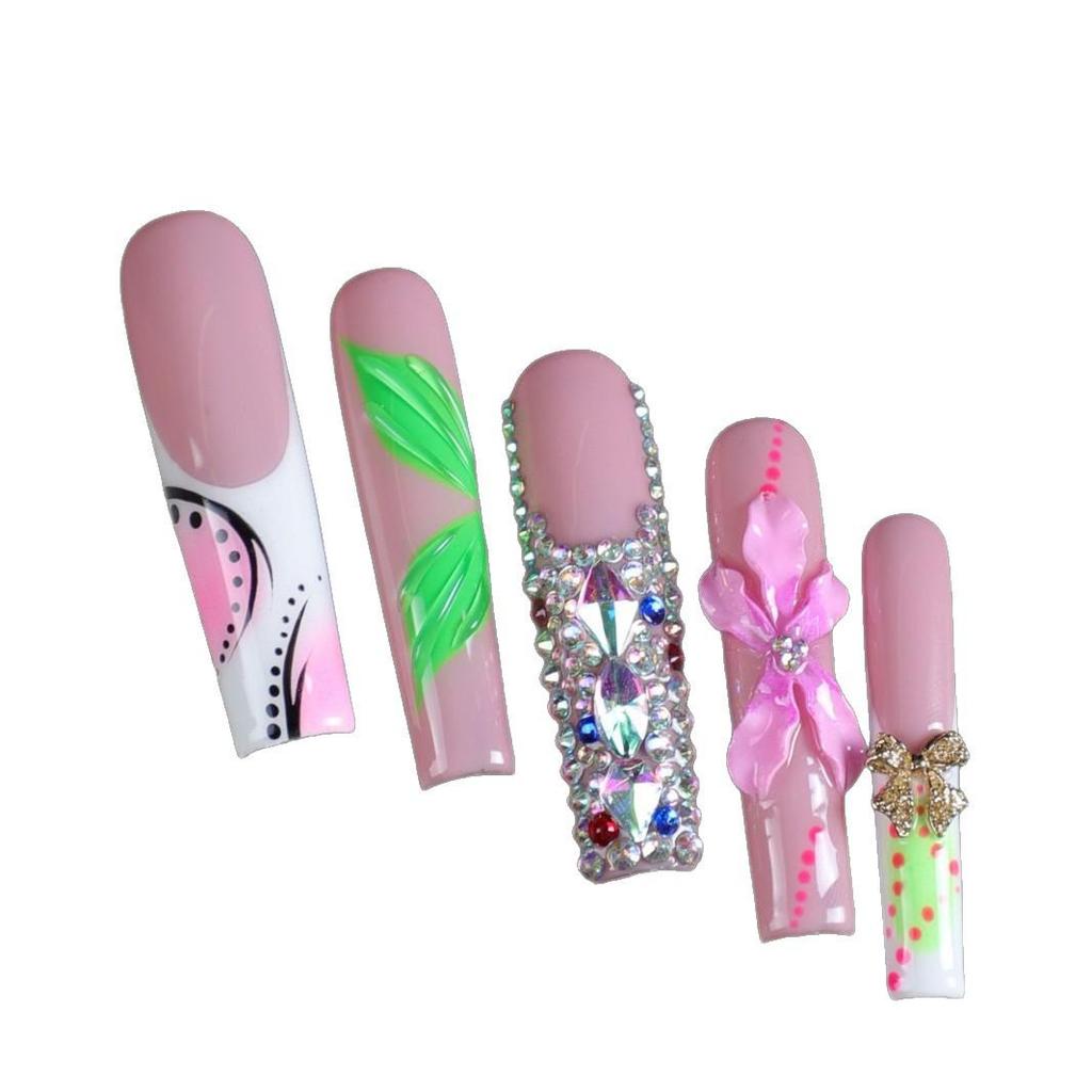 Handmade Super Long Rhinestone Bow Nail Art with Water Pipe Carving