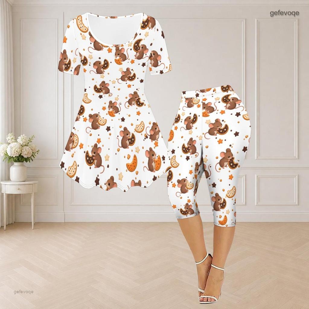 Women Plus Size Printed Round Neck Short Sleeve Flared Top Capri Pants Two Piece Pajama Set