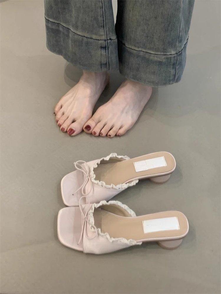 Retro bow one-word slippers women wear thick heel cool slippers