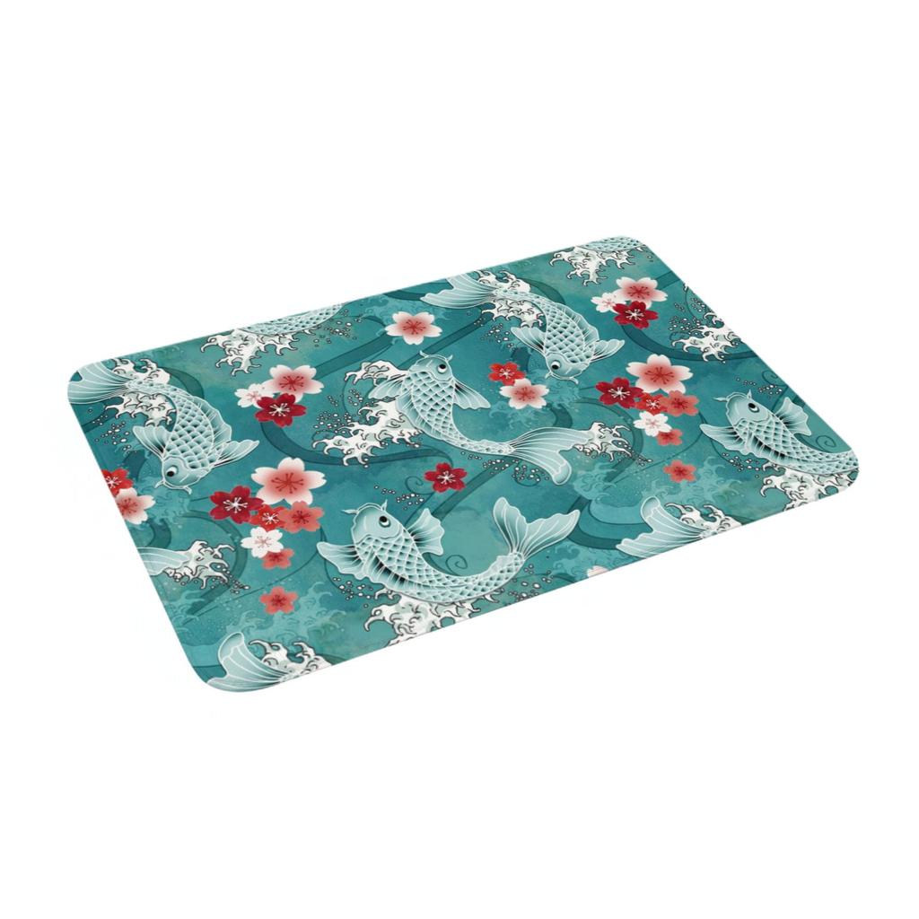 Koi Fish Sakura Blossom In Turquoise Doormat Mat Anti-Slip Cherry Flower Floral Kitchen Bath Garage Rug Carpet 40*60cm