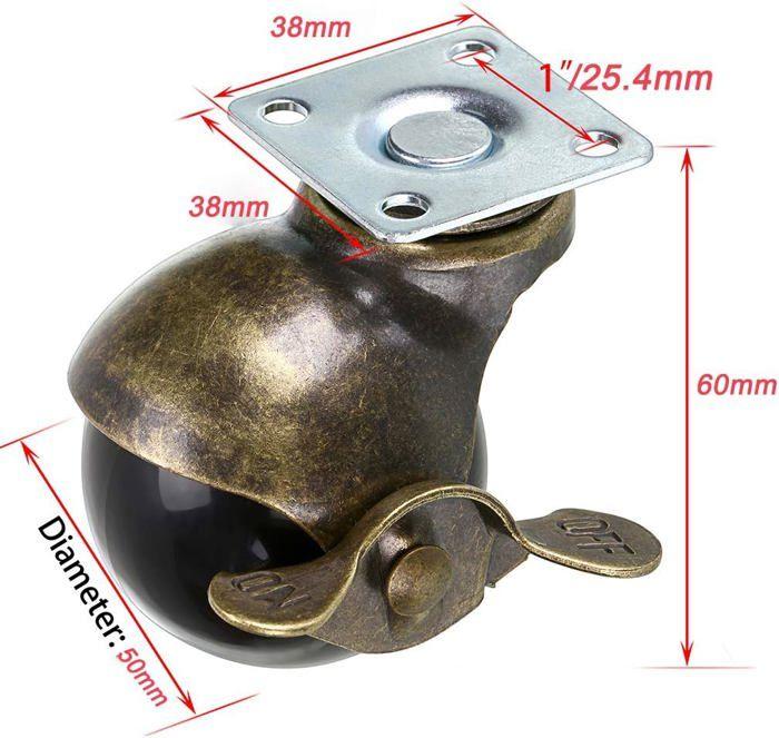 Lot de 4 roulettes à billes 50 mm avec frein - plaque 38x38 mm, pivot 360°, charge 30 kg, noir