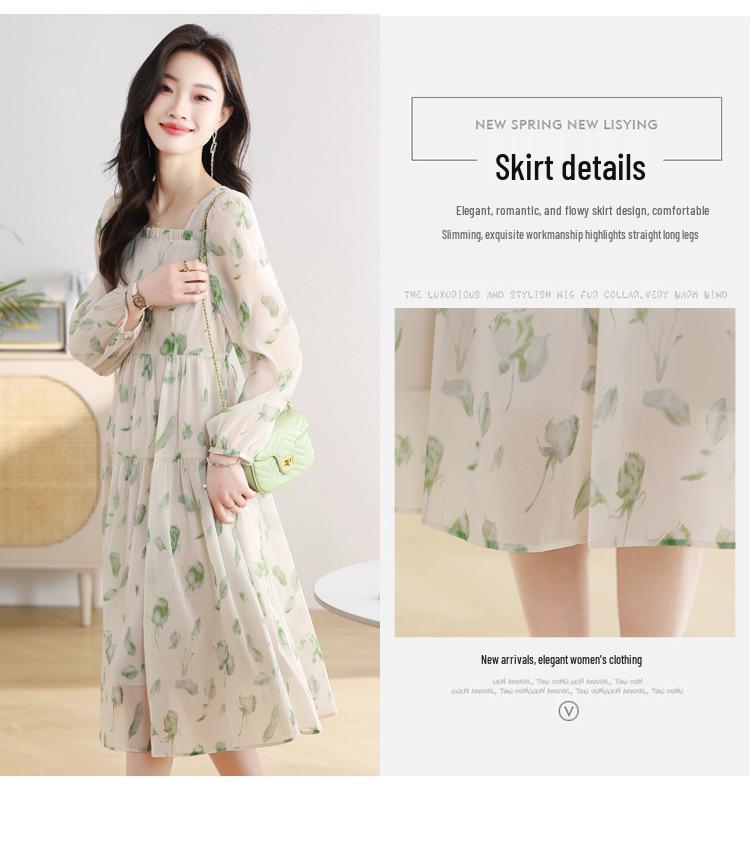 Elegant French Floral Print Puff Sleeve Dress: Spring & Autumn Waist-Cinching Long Skirt