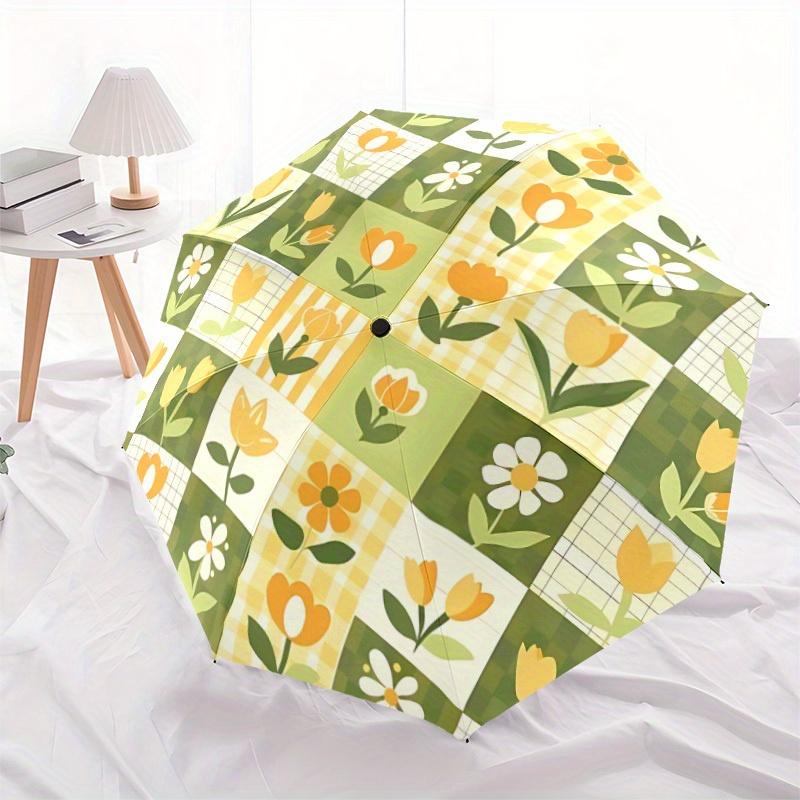 1pc Floral Patchwork Automatic Umbrella   Auto Open/Close Folding Umbrella with  8 Rib Frame, 3 Fold Compact Umbrella for Men & Women, 72