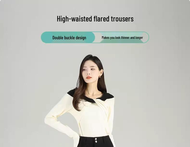 Women's Black Micro Flare Pants - 2025 Spring Collection, High Waist Elastic Slimming Fit, Drapey Suit Style