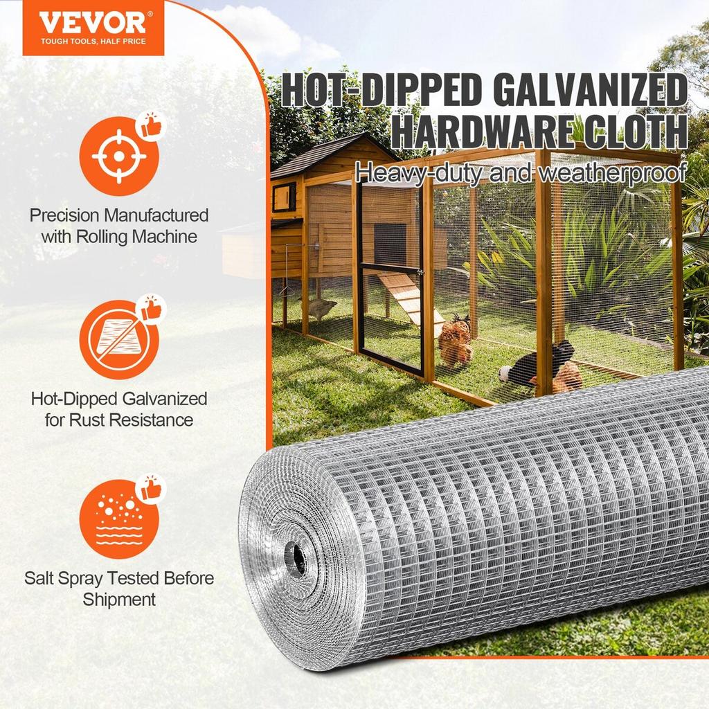 Hardware Cloth, 1/2 inch 24in x 25 ft 19 Gauge, Hot Dipped Galvanized Wire Mesh Roll, Chicken Wire Fencing, Wire Mesh for Rabbit Cages, Garden, Small