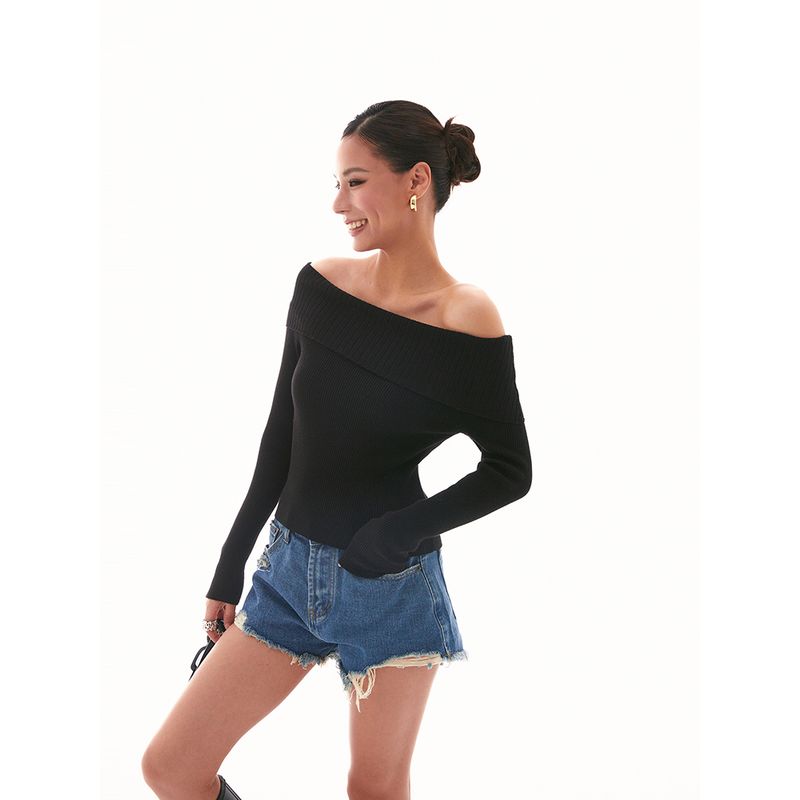 Discoglam Classic Versatile Cold-Shoulder Sweater Black Silm Slim Looking off-Shoulder Knitting Tops Female Spring & Fall