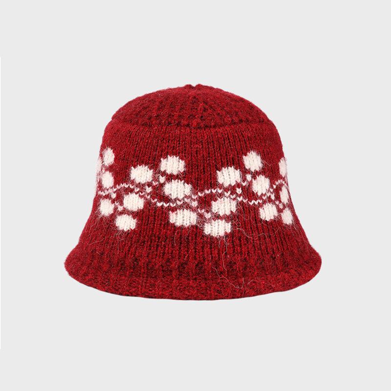 

Вязаная панама жаккардовым узором в горошек, осенне-зимняя шляпа-ведро, женская шляпа рыбака красный