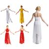 Women Salsa Latin Dance Crop Top Halter Backless Rhinestones with Wide Leg Mesh Pants Irregular Overlay Built-in Briefs for Stage Performance