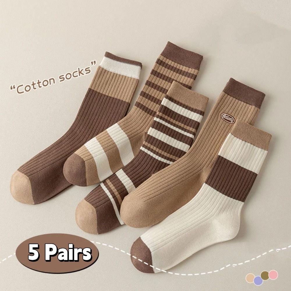 5Pairs Breathable Stripe Tube Socks Retro Mid-calf Socks Fashion Women's Cotton Socks Keeping Warm