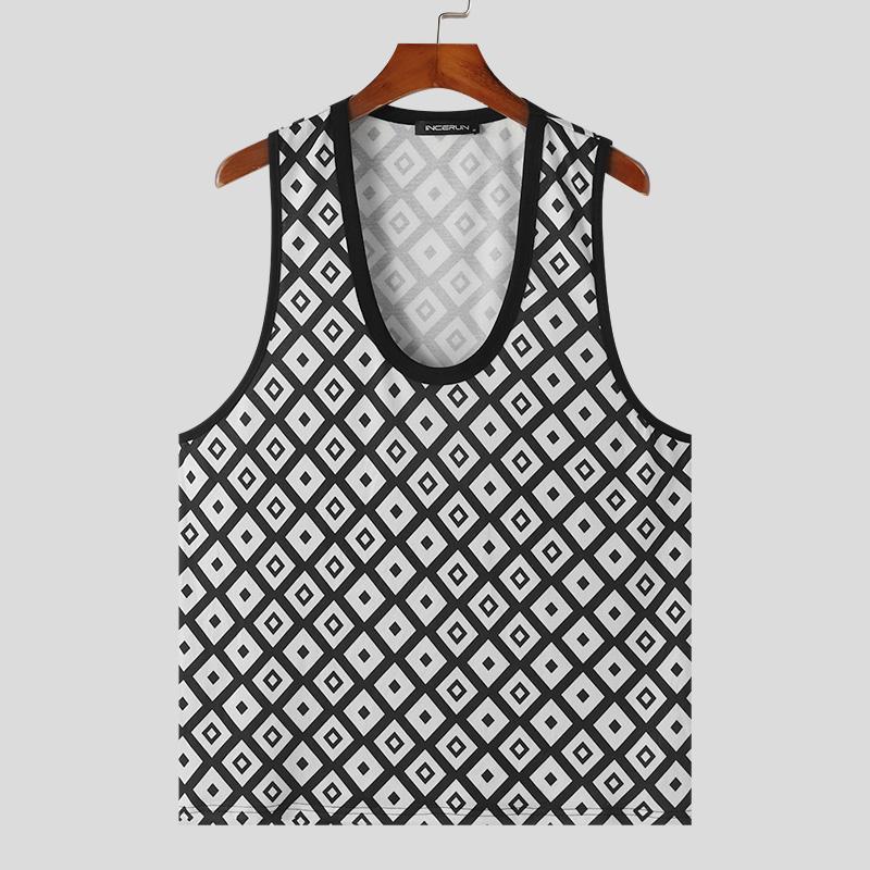 INCERUN Men Plaid Sleeveless Tops Summer U Neck Casual Tanks Vest