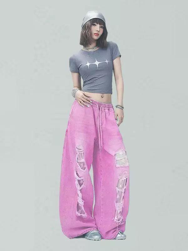 Dopamine Outfit Women s Trendy Ripped Denim Patches Street Dance Jeans Large