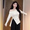 2024 Autumn Off-Shoulder Lace Patchwork Slimming Long-Sleeve Top