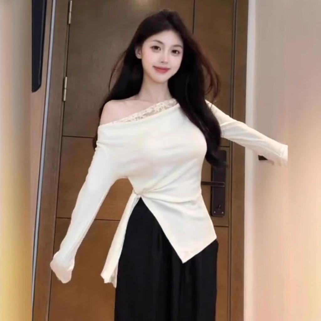 2024 Autumn Off-Shoulder Lace Patchwork Slimming Long-Sleeve Top