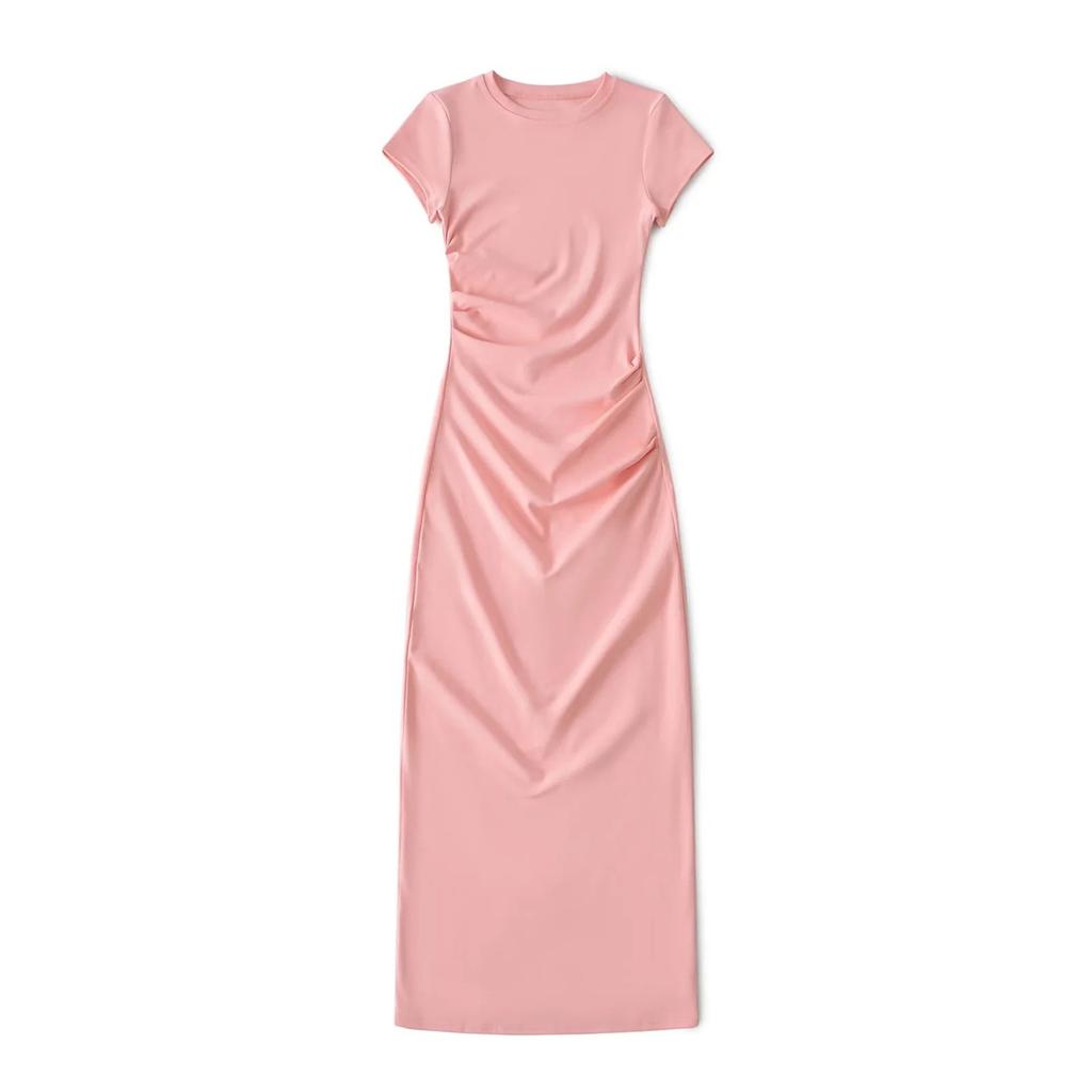 Wind Summer Round Neck Short-sleeved Dress Design Pleated Elastic Slim Sexy Hip-wrapped Knee Dress