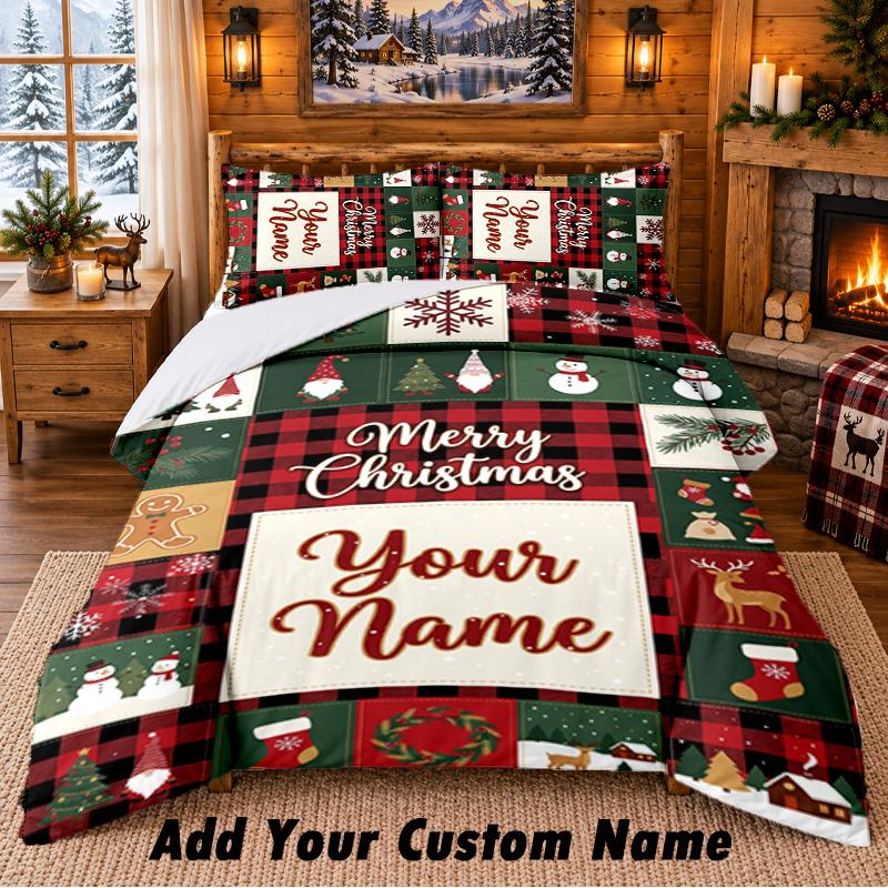 Christmas Custom Name Pattern Bedding 3Pcs Set Bed Sheet Pillowcases Indoor Bedroom Holiday Gift