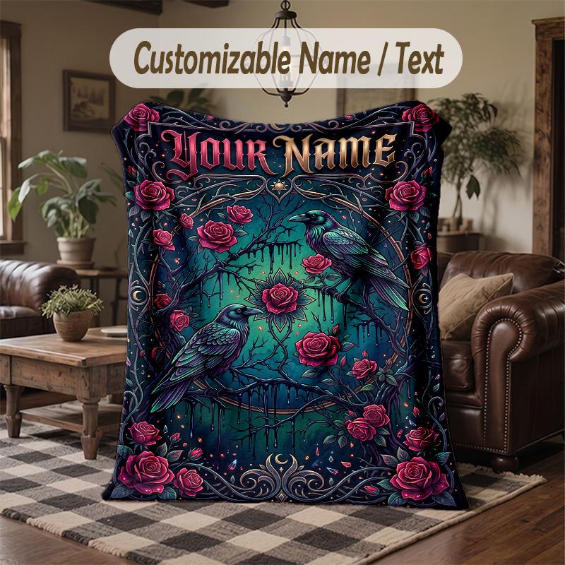 Raven Autumnal Landscape Theme Throw Blanket Custom Name Text Personalized Blanket Soft Cozy Blanket for Home Sofa Bed