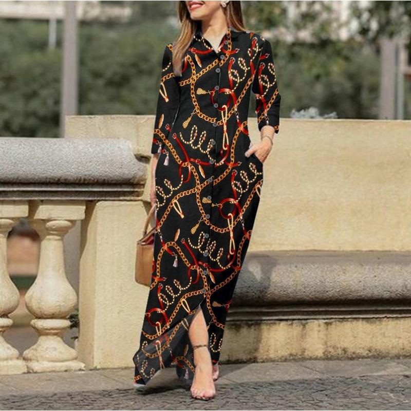 GMXIA Moda damska Lato Wiosna Jednolity kolor Drukuj Z długim rękawem POLO Dekolt Luźne, swobodne sukienki z guzikami