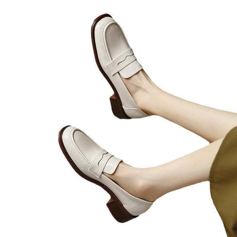 British style soft leather thick heel spring and autumn new soft sole small leather shoes medium heel single shoes