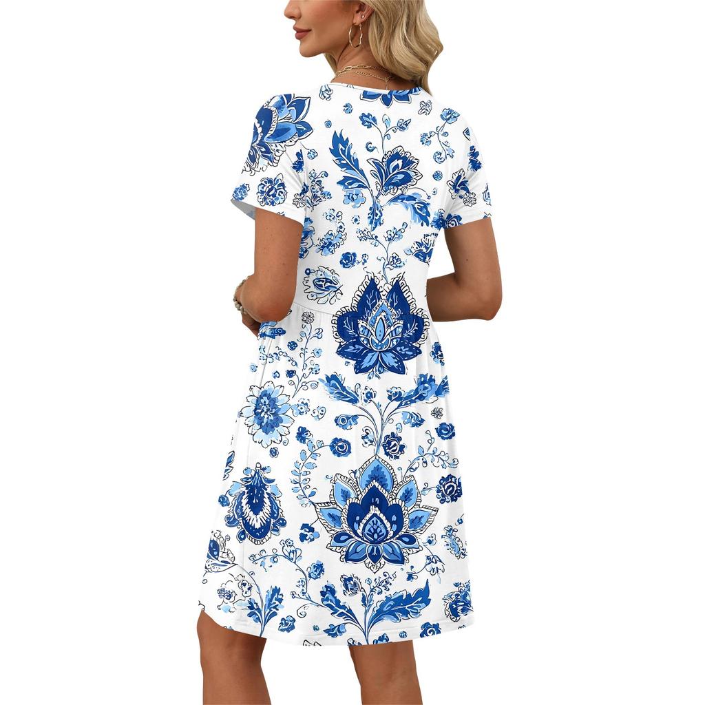 Dresses For Women Short Sleeve Print Round Neck Casual Dresses Waist Dress With Pockets