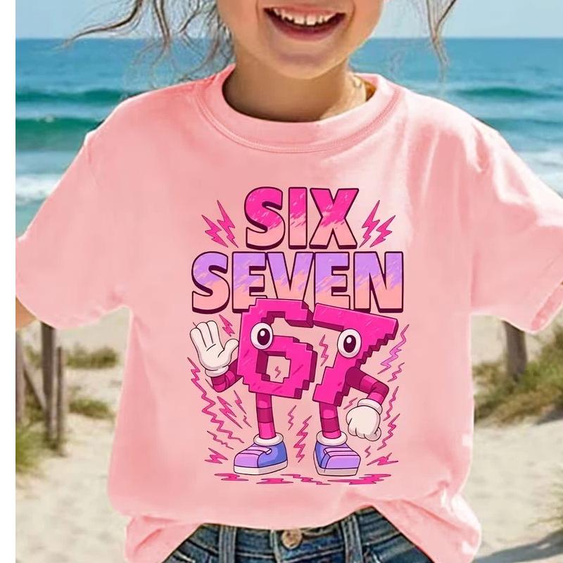 Summer Fashion Girls' Short Sleeved Children T-shirt Number Six Seven Pink Color TV Cartoon Pattern Printed Casual Versatile Top